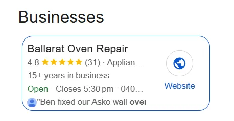 Google Business local map pack listing for Ballarat Oven Repair