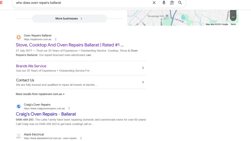 Google Organic search result screenshot showing Ballarat Oven Repairs ranked #1 for who does oven repairs ballarat