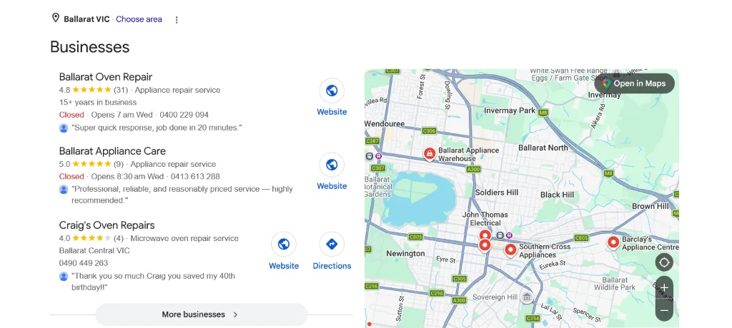 Google Map Pack search result screenshot showing Ballarat Oven Repair at position #1