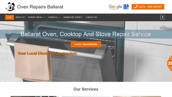 Ballarat Oven Repairs website screenshot - Local oven and stove repair services website design, Ballarat