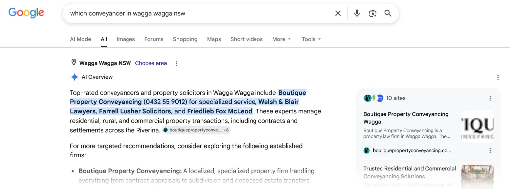 Google AI Overview search result screenshot showing Boutique Property Conveyancing featured as the top recommendation with phone number