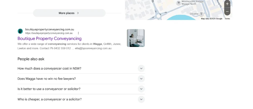 Google Organic search result screenshot showing Boutique Property Conveyancing ranked #1 for conveyancer wagga wagga