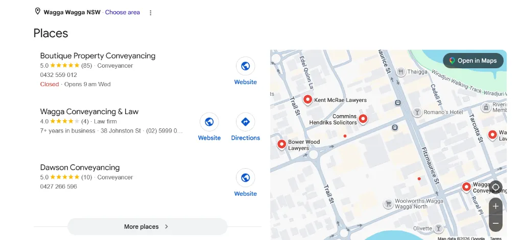 Google Map Pack search result screenshot showing Boutique Property Conveyancing at position #1