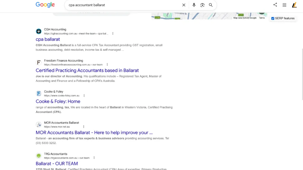 Google search result screenshot showing CGH Accounting ranked #1 for cpa accountant ballarat