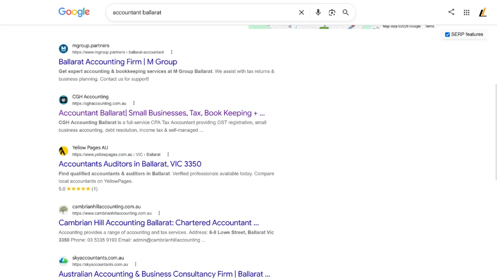 Google search result screenshot showing CGH Accounting ranked #2 for accountant ballarat