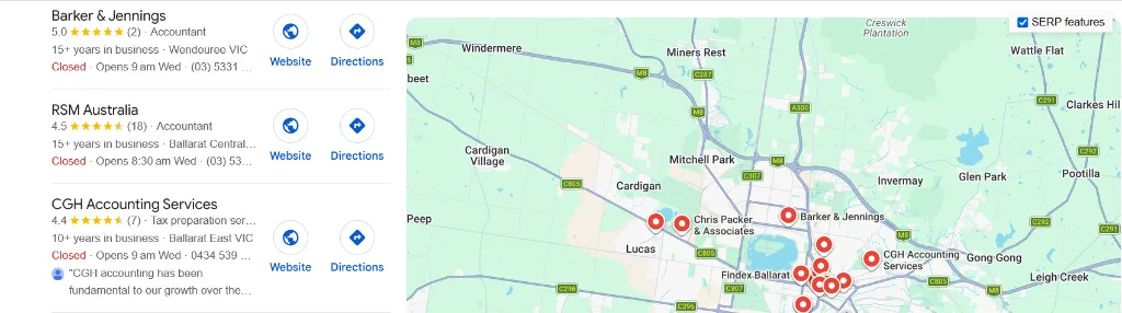 Google Map Pack search result screenshot showing CGH Accounting Services in the local pack