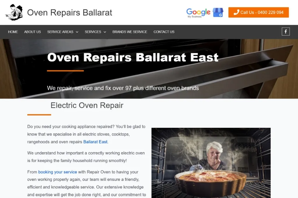 Oven Repairs Ballarat East suburb specific service area landing page screenshot